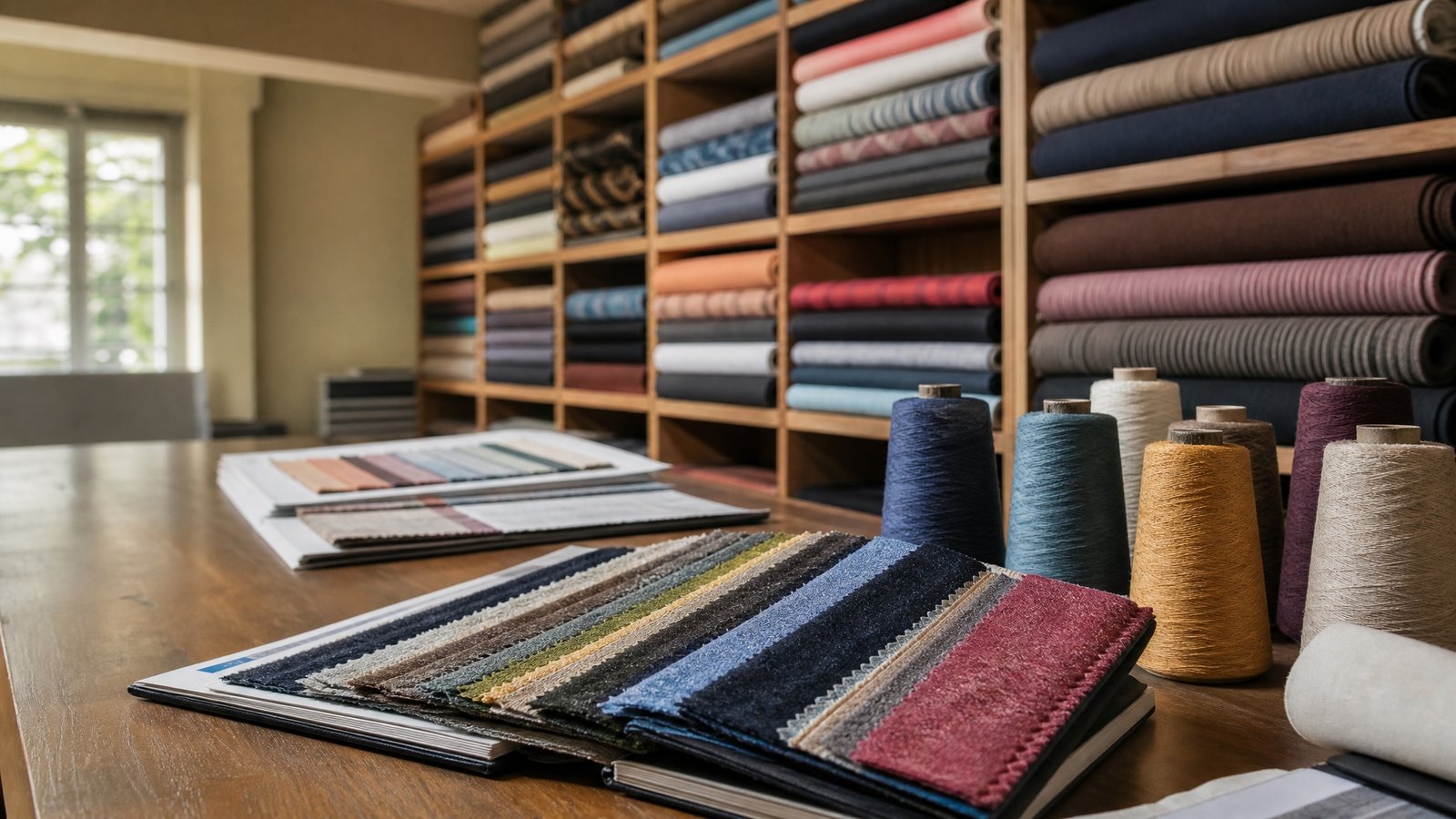 Fabric rolls, swatch books and yarn cones inside the Trendy Looks sourcing office